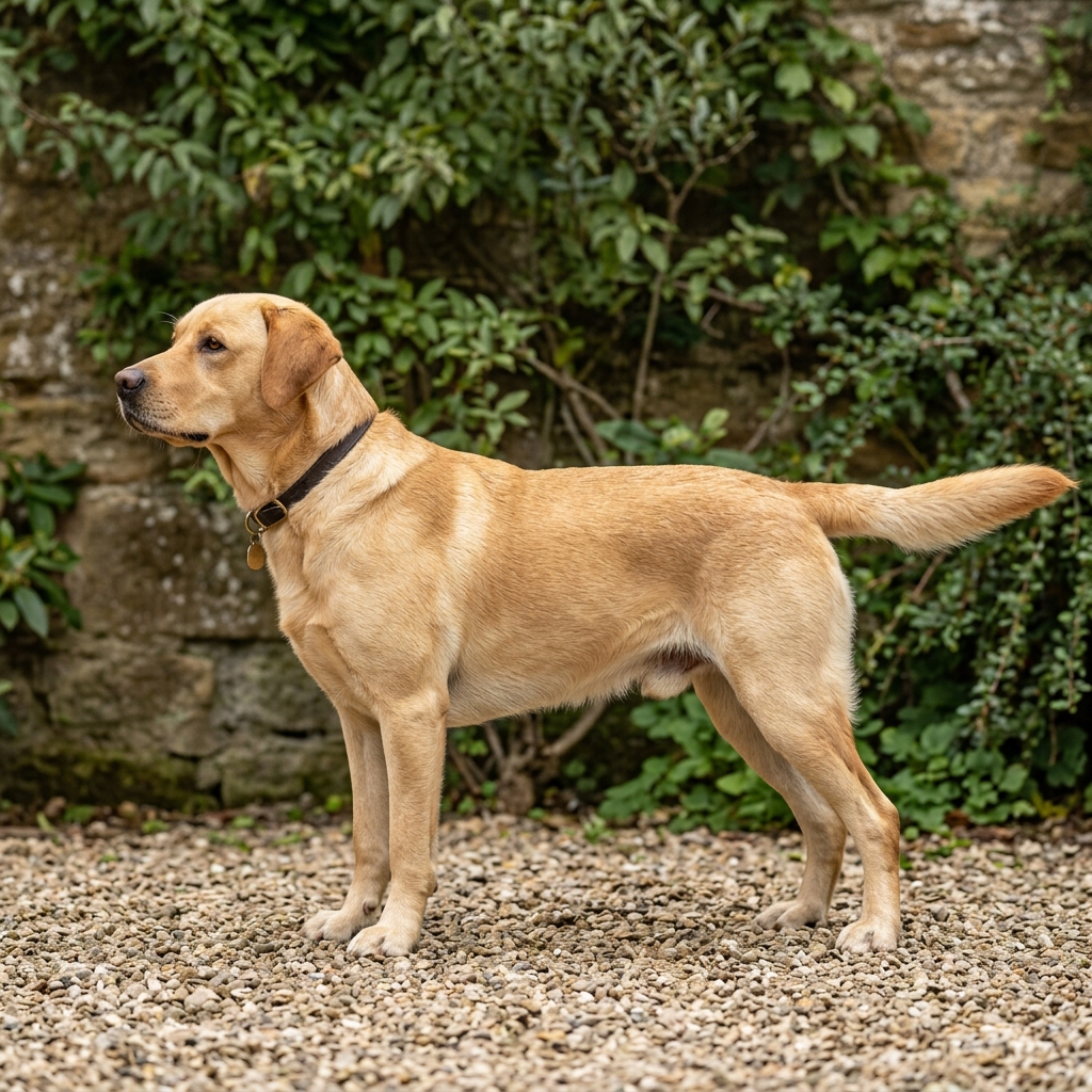 Ein Labrador-Rüde in gutem Trainingszustand steht im Profil auf Kies vor einer Sandsteinmauer, die Rute vollständig.